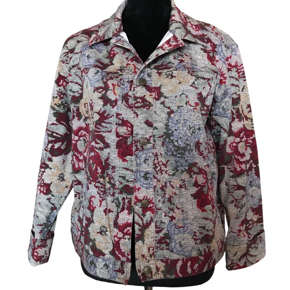 Westbound Floral Jacquard Jean Jacket in Red, Blue, Cream